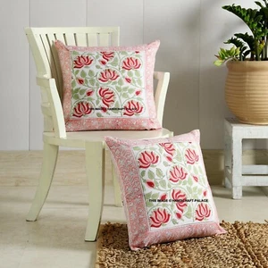 Set of 2 PC Indian Block Lotus Print Cushion Cover Throw Pillow Case 16" Cushion - Picture 1 of 4