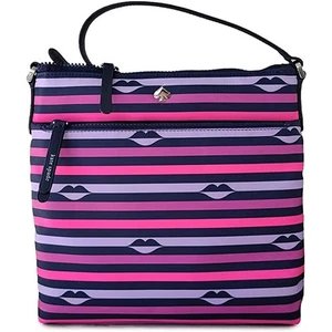 Kate Spade Jae Nylon flache Umhängetasche Handtasche Streifen mehrfarbig Lippen Druck - Bild 1 von 6