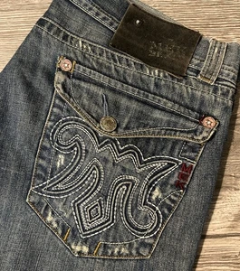 MEK Denim USA Woodstock Boot Cut Dark Wash Distressed Blue Jeans Size 38x34 - Bild 1 von 13