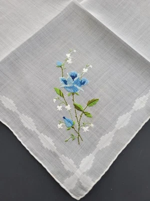 Vintage Ladies Hankie Embroidered Blue Floral Cotton - Image 1 of 4