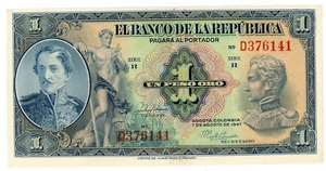 Colombia … P-380e … 1 Peso … 7-Agus-1947 ... Choice *AU-UNC* 😀6 Digits (Rare) - Picture 1 of 2