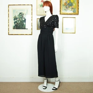 Vintage 1980s Black Maxi Jumpsuit Sequin Top Wide Leg With Shoulder Pads Size S - Picture 1 of 7