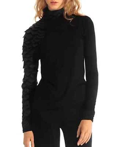 Gracia Women's Black Stretchy Faux Leather Scale Sleeve Top Size Small USED - Picture 1 of 4
