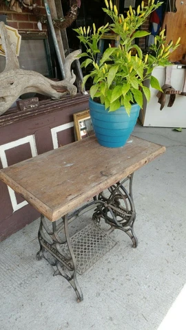 Antique Iron Sewing Machine Base w/ Primitive Wood Top - Plant Table Cover