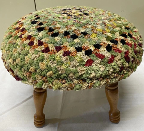 Antique Chenille Braided Rug Footstool Seat Solid Wood Country Farmhouse Decor Cover