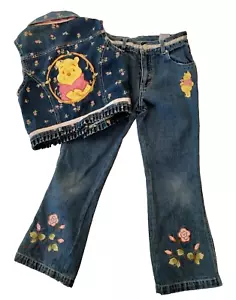 Winnie The Pooh Girls 7-8 Denim Vest Jeans Set Embroidered Applique Disney Vtg - Picture 1 of 20