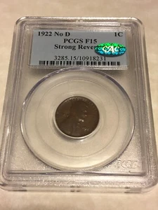 Centavo Lincoln 1922 No D F15 PCGS CAC 1C moneda de centavo inverso fuerte muy bonita - Imagen 1 de 7
