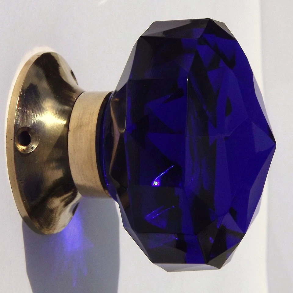 Door Knobs Cobalt Blue mortice (pair) large cut glass polished brass base 6.5cm