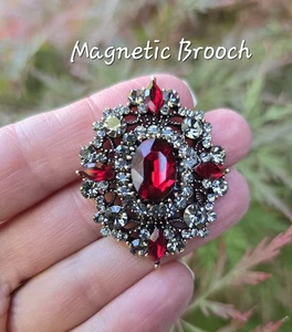 Magnetic Brooch Red, Gray Crystal. Equestrian show, Fashion Holiday Brooch - Picture 1 of 6