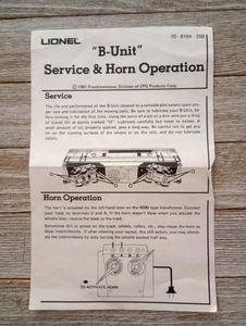 De colección LIONEL "Solo instrucciones "Unidad B" servicio y operación de bocina - Imagen 1 de 3