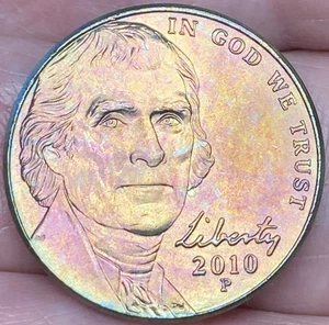 2010-P Jefferson Nickel Beautiful Lustrous Rainbow Toned Coin AU #4 - Picture 1 of 12