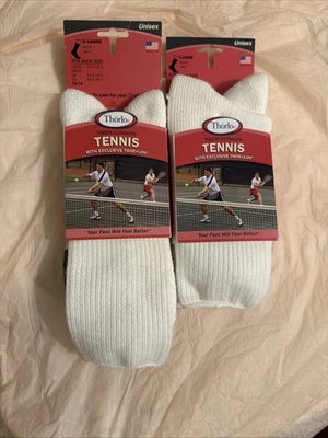 2 PAIR NEW Vtg THORLO UNISEX WHITE TENNIS CREW SOCKS USA THICK CUSHION 1-XL 1-LG - Image 1 of 4