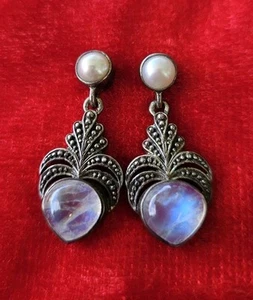 V8ntage Cultured Pearl & Moonstone 925 Sterling Silver Dangle Earrings - Picture 1 of 16