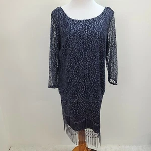 S.L. Fashions Crochet Dress 18 Blue Metallic Silver Lined Fringe Long Sleeve - Bild 1 von 12