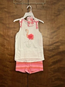 Tommy Bahama Flamingo Top & Striped Shorts Set w/ Hair Bows Girls S 5/6 Pink NEW - Picture 1 of 17