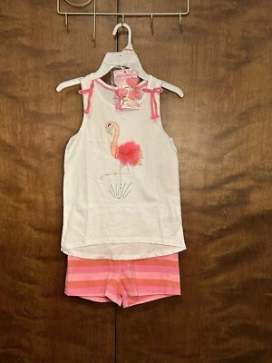 Tommy Bahama 背心上衣和条纹短裤套装带蝴蝶结女孩 S 5/6 粉色火烈鸟 — 第 1/4 张图片