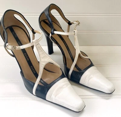 GUCCI Black White Leather T-Strap Pumps Heels Shoes Womens Size 36 C  6 - Image 1 of 4