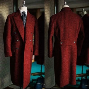 Men Long Overcoats Herringbone Tweed Wool Blend Coat Regular Fit Double Breasted - Picture 1 of 36