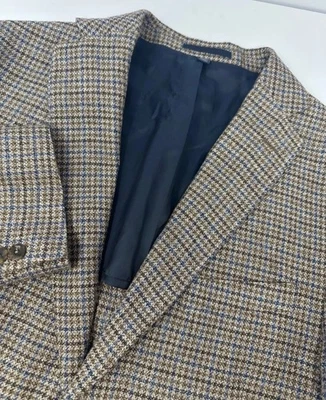 Jos A Bank 1905 Mens 44R Blue Brown Tan Houndstooth Linen Wool Blazer Sport Coat - Image 1 of 4