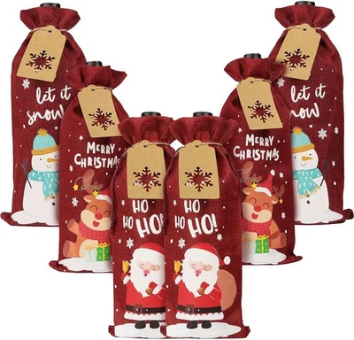 COLOFALLA 6pcs Christmas Wine Bottle Gift Bags Burlap Drawstring Bottle Bags for Wine