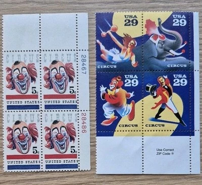 USPS 2 Blocks 4 #1309 5 cent CLOWN 1966 #2750-53 29 cent CIRCUS 1992 MINT OGNH  - Image 1 of 4