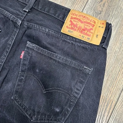 Levi Strauss 501 Jeans Black Button Fly Straight Leg Mens 32x38 Marbling Fade - Image 1 of 4