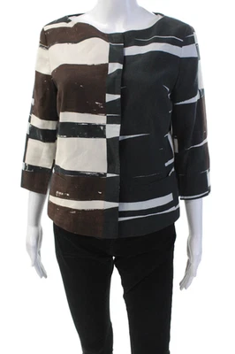 Akris Punto Womens Button Up 3/4 Sleeve Abstract Jacket White Brown Navy Size 10 - Image 1 of 4