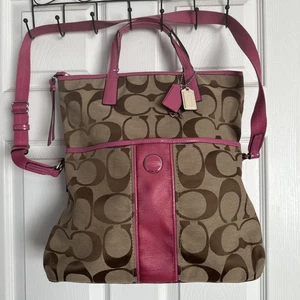 Coach Signature Foldover Tote F23304 Crossbody Handbag Purse Khaki Pink Tan - Picture 1 of 16