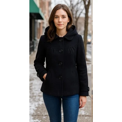 Тюль черный короткое платье пальто M с капюшоном кнопка спереди плиссированные бюст круглый воротник - Изображение 1 из 4