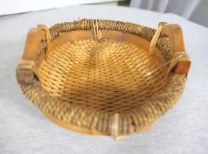 Woven Wicker Rattan Round Storage Display Décor Open Basket w Wood Handles 9.5" - Picture 1 of 10