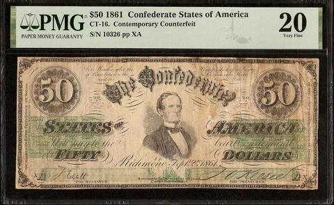 1861 $50 BILL CONFEDERATE STATES CIVIL WAR ERA COUNTERFEIT NOTE CT-16 PMG 20 Cover