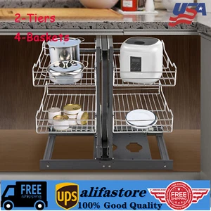Kitchen Pull Out Organizer 2-tier Pull Basket Blind Corner Cabinet Storage Shelf - Picture 1 of 21