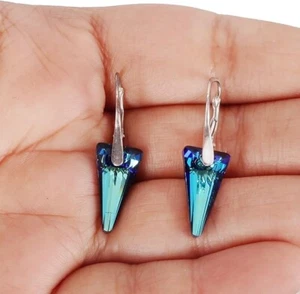 Spike Shaped Crystal Drop Earrings Austrian Crystals 925 Silver Bermuda Blue - Picture 1 of 4