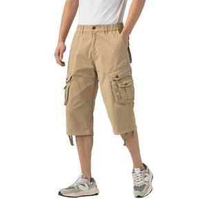 Men's Long Cargo Shorts Elastic Waist Stretch Cotton 3/4 Multi Pockets - Picture 1 of 5