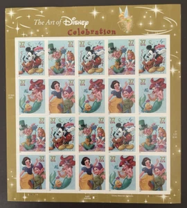 USA 37 Cent Art of Disney CELEBRATION Postage Stamps, Full Sheet of 20 - Picture 1 of 5