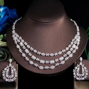 Silver Plated Multilayer Zircon Necklace and Earrings Women Wedding Jewelry Set - Picture 1 of 5
