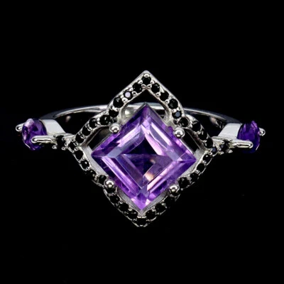 925 Sterlingsilber Ring Quadrat Amethyst 7mm Schwarz Spinell Edelstein Schmuck 7 - Bild 1 von 4