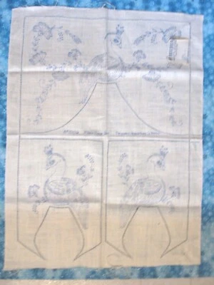 * Herrschner's Linen Peacocks STAMPED FOR EMBROIDERY 3pc CHAIR SET edge stitched - Image 1 of 4