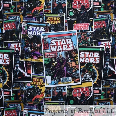 BonEful Fabric FQ Cotton Quilt Black STAR WARS Comic Book Super Hero Boy L Print - Image 1 of 4