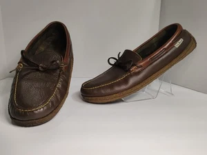 LL Bean Mens Moccasin Slippers Brown Leather Flannel Lined Slip On Women's 11 M - Picture 1 of 10