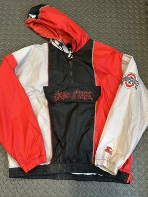 Jaqueta corta-vento masculina vintage Starter XL Ohio State Buckeyes com capuz anos 90 (suja) - Imagem 1 de 4