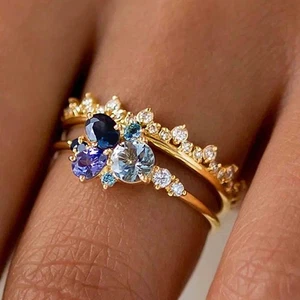 Juego de 2 anillos enchapados en oro amarillo de moda de circonitas cúbicas para boda para mujer - Imagen 1 de 9