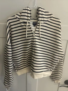 Vintage Gap! Navy Blue & Ivory Striped Nautical Look! Zip Front Cropped Hoodie S - Picture 1 of 13