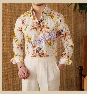 Camisa Floral Algodón Moda Calce Ajustado Hombres Informal Británica Manga Larga Camisa Floral - Imagen 1 de 25