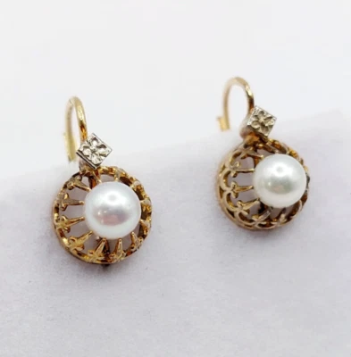 Dormeuses antiques or 18k perle en serti griffres (circa 1900) - Immagine 1 di 4