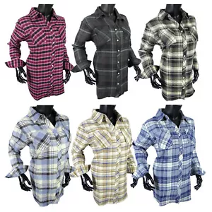 Plaid Flannel Womens Tunic Shirt Vneck Oversized Slouchy Extended Length Pockets - Picture 1 of 5