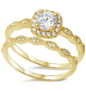 Sterling Silver Yellow Gold Plated Halo Vintage Style Engagement Ring Set 4-10