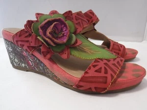 L’artiste By Spring Shayla Wedge Sandal Size 39 / 8.5 Red Green Floral Appliqué - Picture 1 of 15