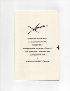 Vintage Restaurant Menu XIOMARA Pasadena CA Patrick Healy Chef 1992 - Picture 1 of 2