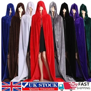 Adult Velvet Hooded Robe Cloak Cape Long Halloween Vampire Costume Fancy Dress - Picture 1 of 9